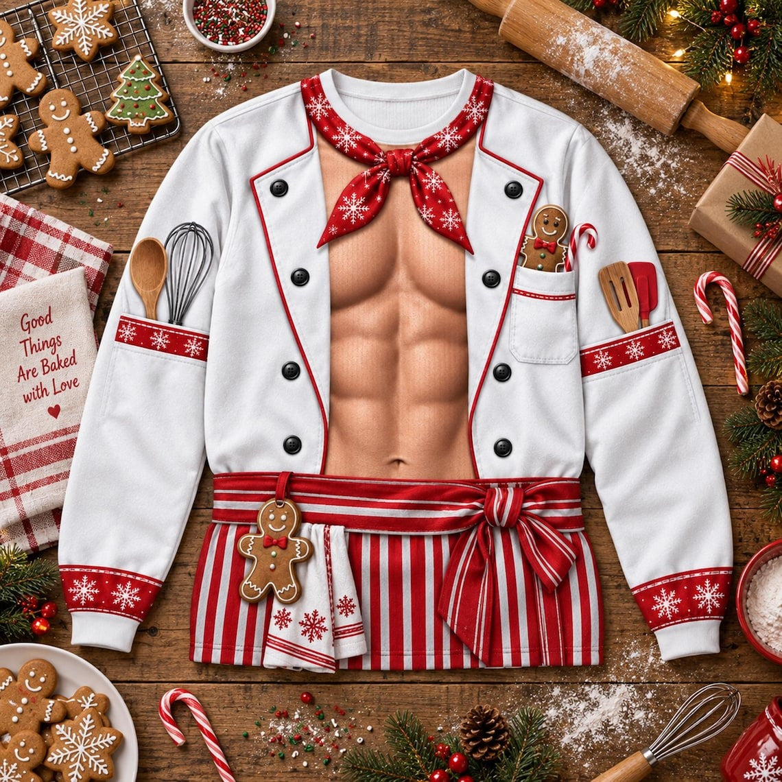 Funny Baker Christmas Sweatshirt – 3D Muscle Chef Design