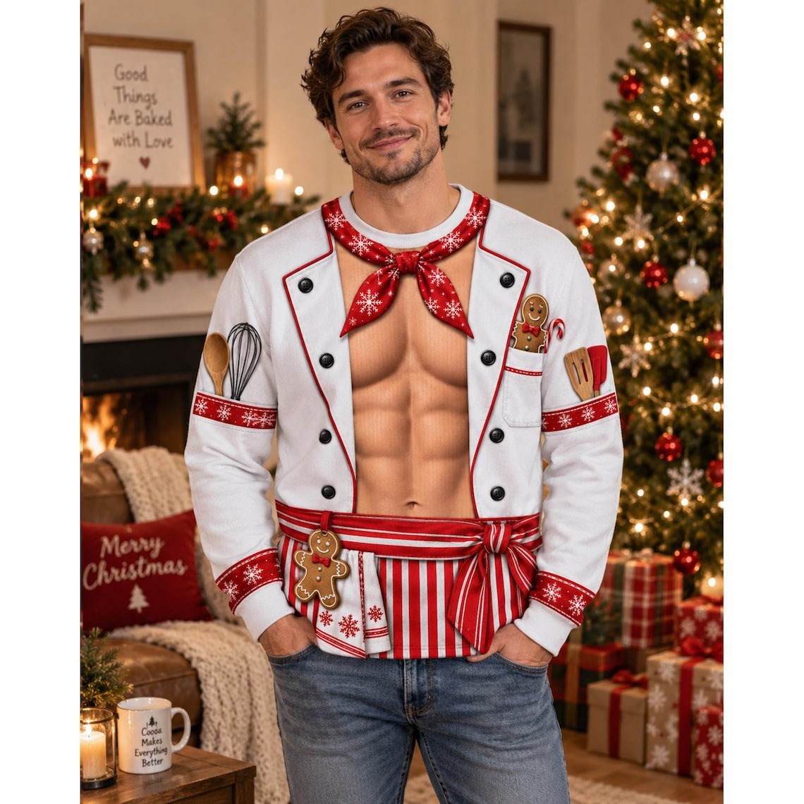 Funny Baker Christmas Sweatshirt – 3D Muscle Chef Design
