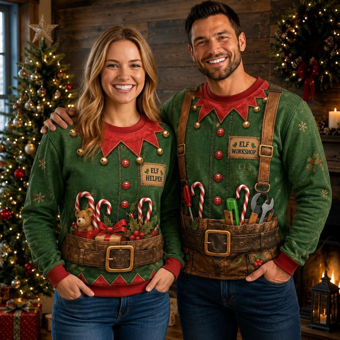 Funny Christmas Elf Couple Sweatshirt, Matching 3D Elf Workshop Ugly Xmas Sweater, Cute Holiday Pullover, Couple Christmas Gift