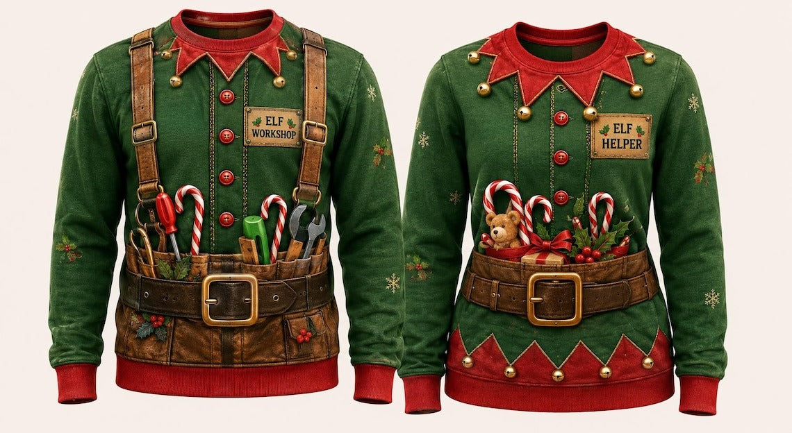 Funny Christmas Elf Couple Sweatshirt, Matching 3D Elf Workshop Ugly Xmas Sweater, Cute Holiday Pullover, Couple Christmas Gift