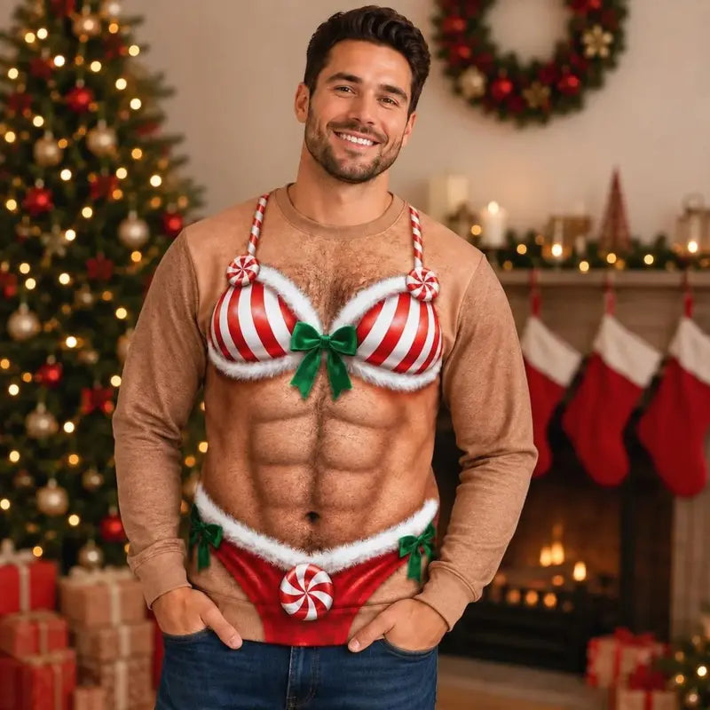 Custom Fake Abs Ugly Christmas Sweatshirt – Funny Gag Holiday Crewneck