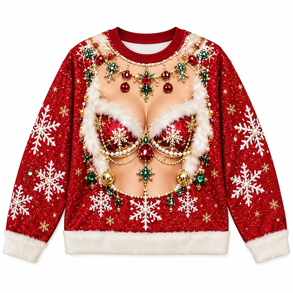 Festive Christmas Glam Sweatshirt – Sparkly Holiday Snowflake & Ornament Print