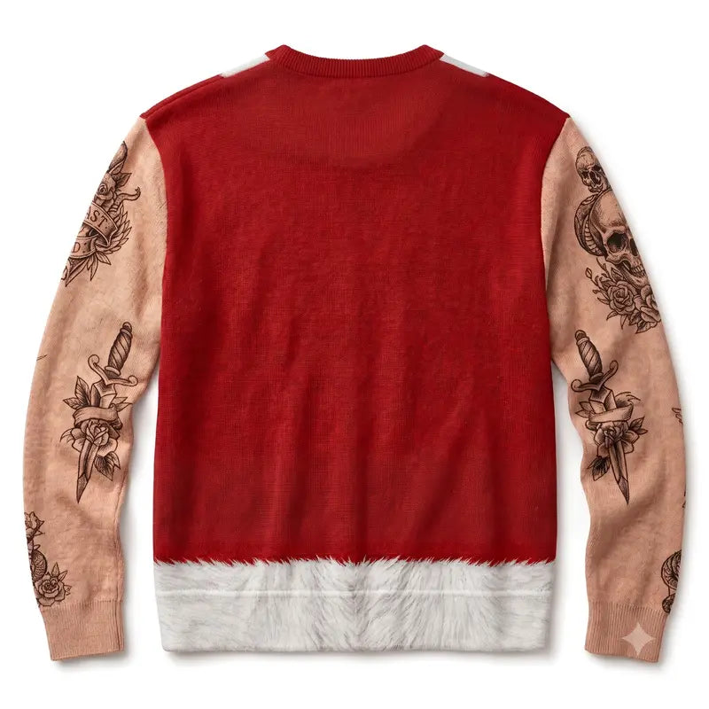 Custom Skin Tone Bad Santa Tattoo Sleeve Crewneck – Funny Hairy Chest Ugly Christmas Sweatshirt