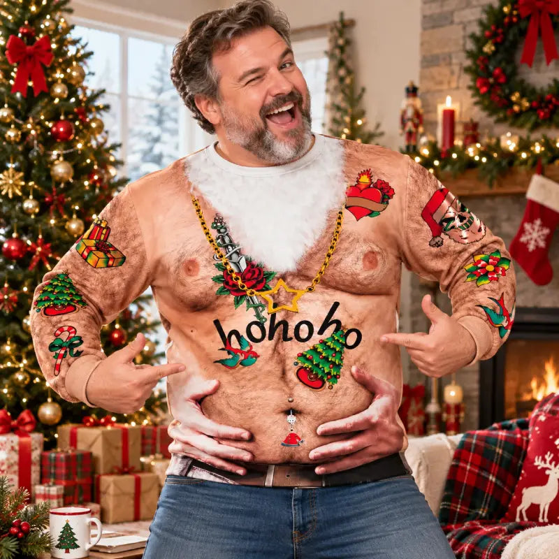 Custom Ho Ho Ho Tattoo Belly 3D Christmas Sweatshirt – Funny Ugly Christmas Sweatshirt
