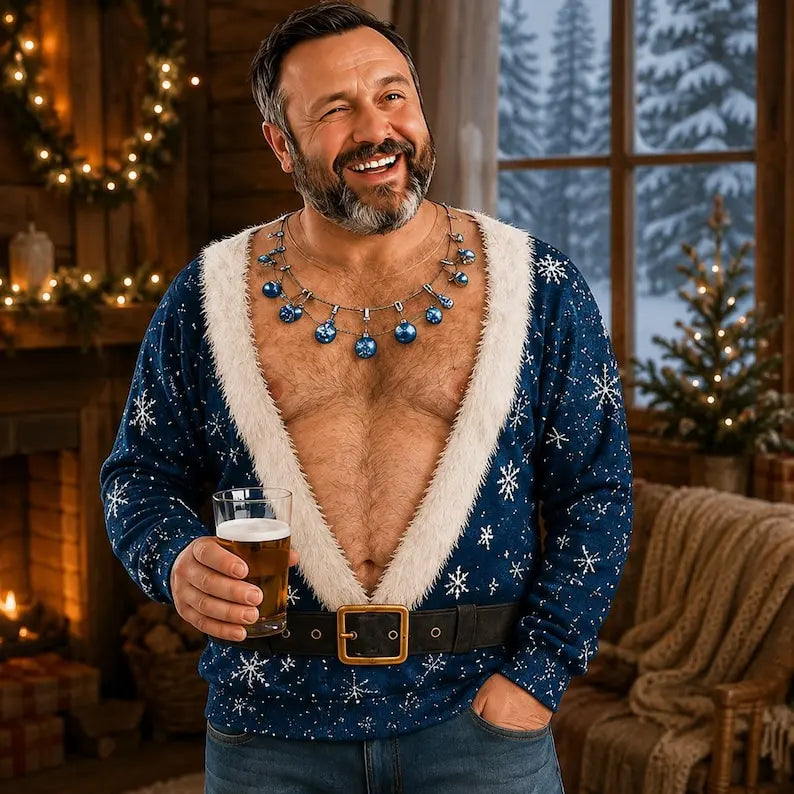 Funny Hairy Chest & Six-Pack Abs Ugly Christmas Sweater – Santa Belt Holiday Party Sweatshirt
