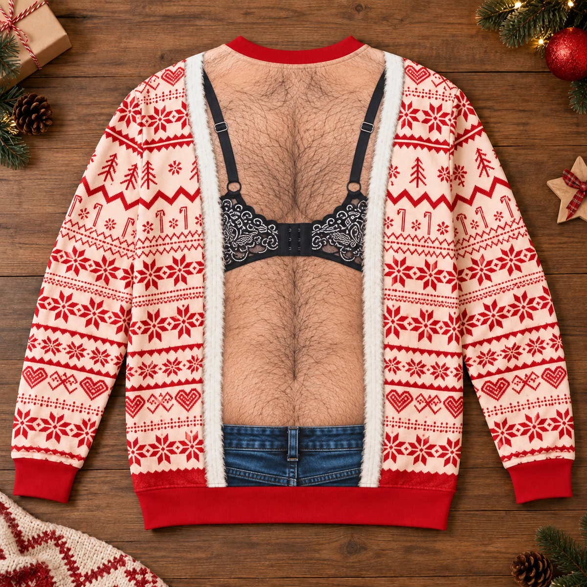 Funny Lace Bra Body Illusion Christmas Sweatshirt – Men’s Ugly Christmas Novelty Pullover