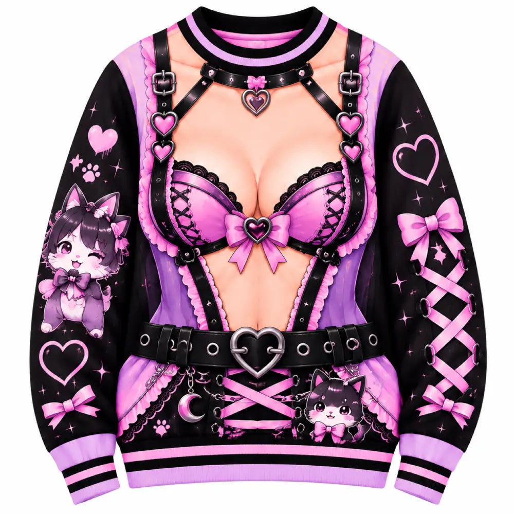 Kawaii Gothic Christmas Illusion Sweatshirt, Funny Anime Pink & Purple Printed Christmas Crewneck