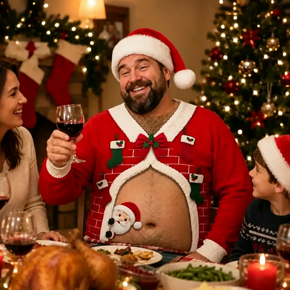 Funny Santa Hairy Chest & Belly Ugly Christmas Sweater – Body Illusion Holiday Sweatshirt