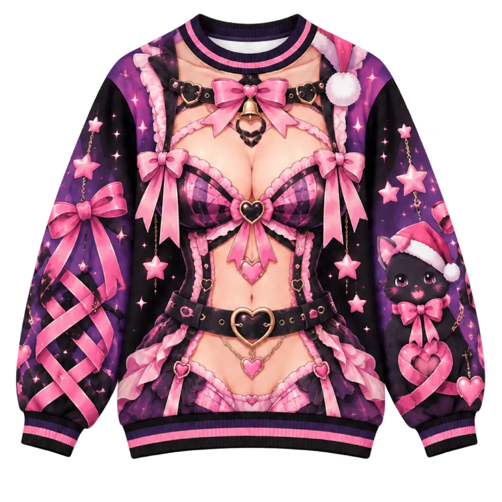 Cute Christmas Chaos Anime Illusion Sweatshirt, Funny Gothic Pink & Purple Christmas Crewneck