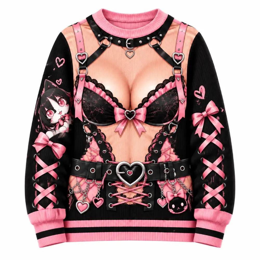 Funny Christmas Anime Illusion Sweatshirt, Gothic Kawaii Pink & Black Printed Christmas Crewneck