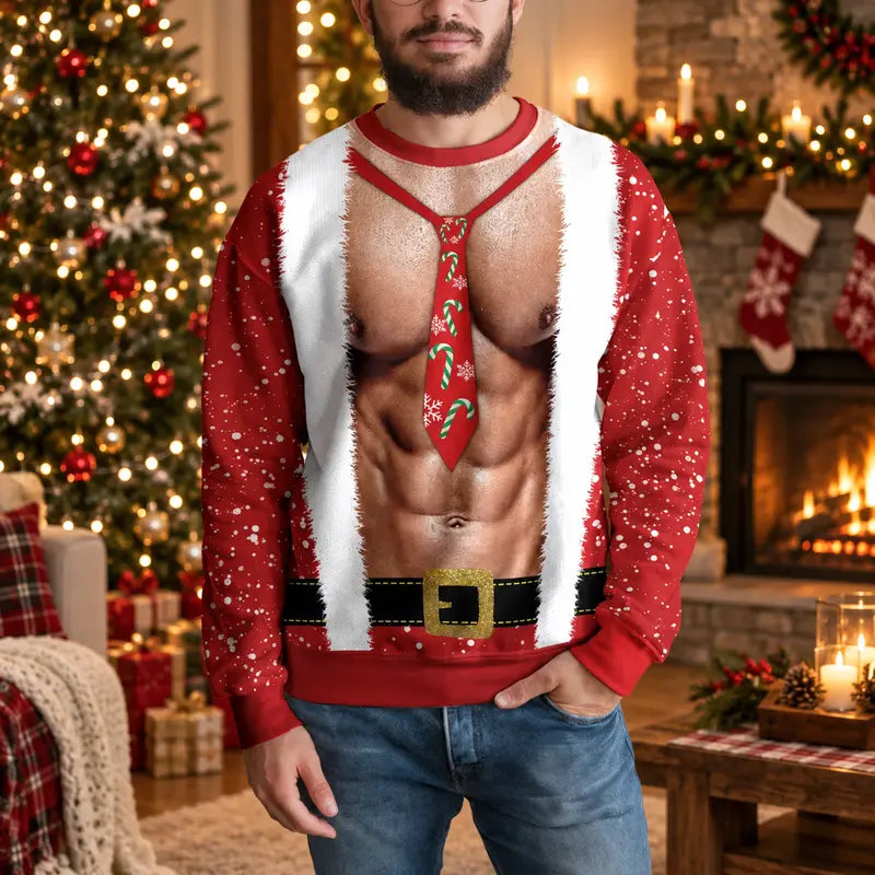 Funny Shirtless Santa Ugly Christmas Sweater – Body Illusion Holiday Party Sweatshirt