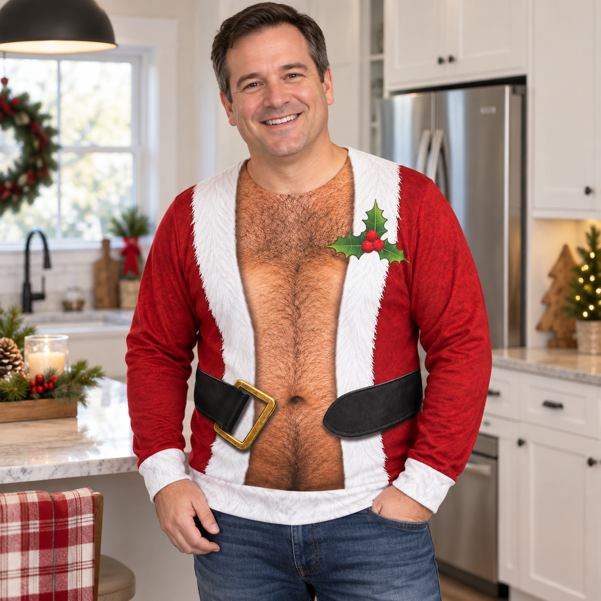 Custom Skin Tone Santa Hairy Chest Ugly Christmas Sweater – Funny Open Suit Body Illusion Sweatshirt