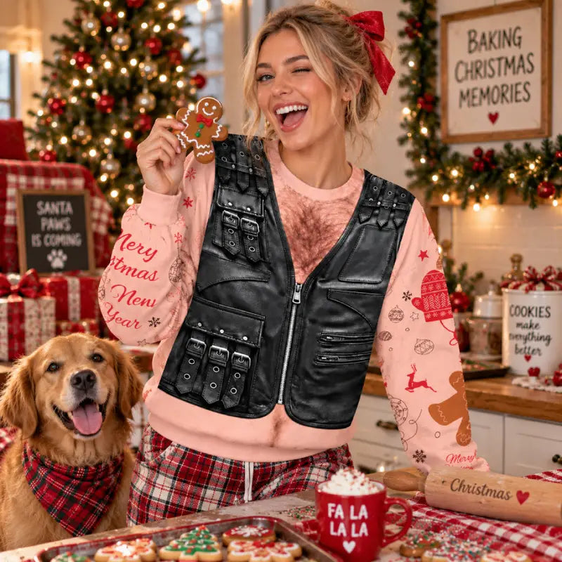 Funny Christmas Leather Vest Sweatshirt | Holiday Gift