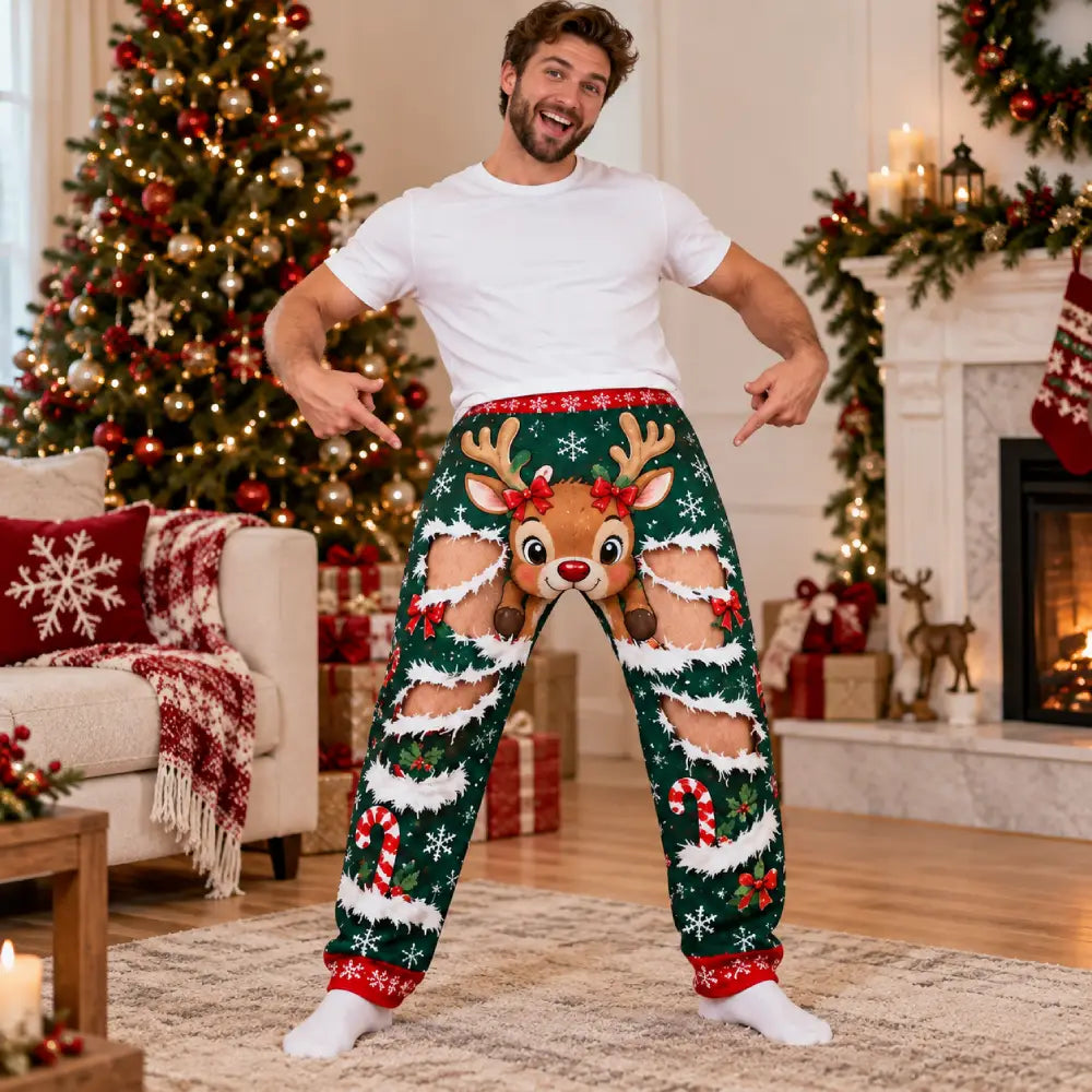 Funny 3D Reindeer Christmas Pajama Pants – Personalized Skin Tone Print