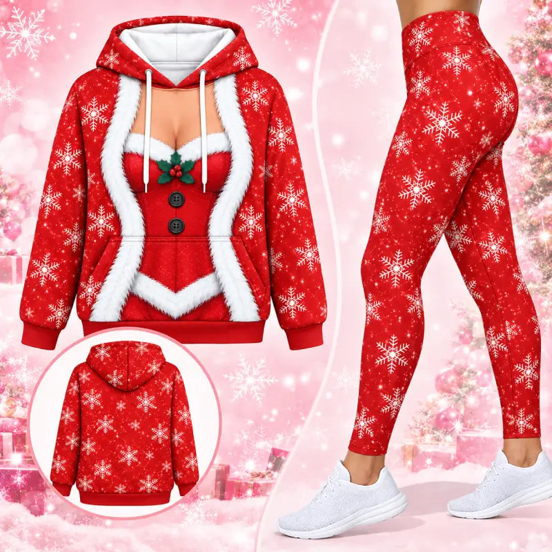 Santa-Inspired Christmas Hoodie & Leggings Set – Festive Printed Holiday Outfit