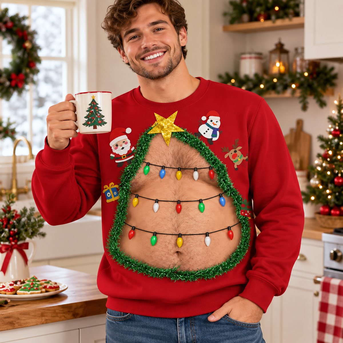 Custom Skin Tone Christmas Belly Crewneck – Funny Dad Bod Ugly Christmas Sweatshirt