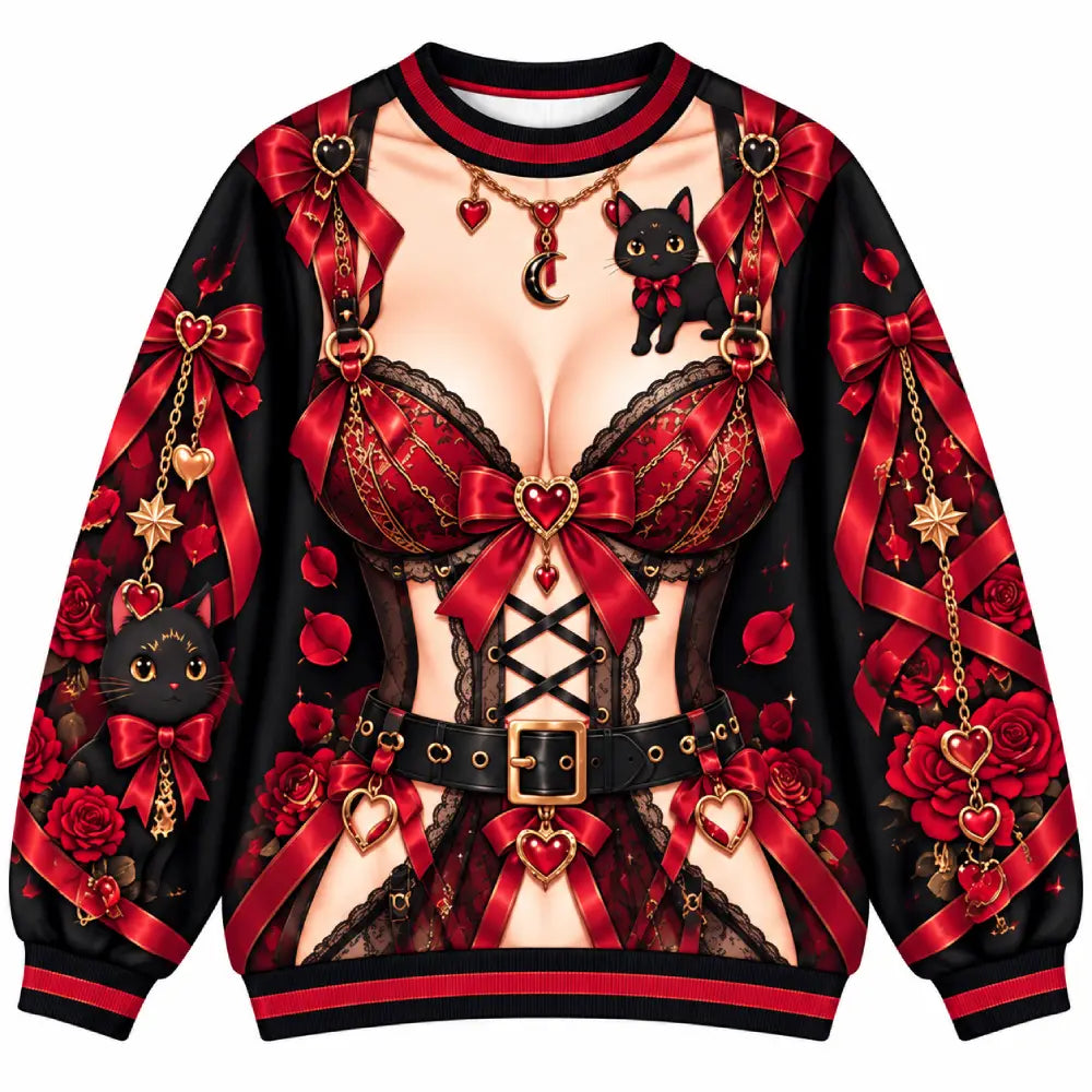 Gothic Anime Rose & Black Cat Funny Christmas Crewneck