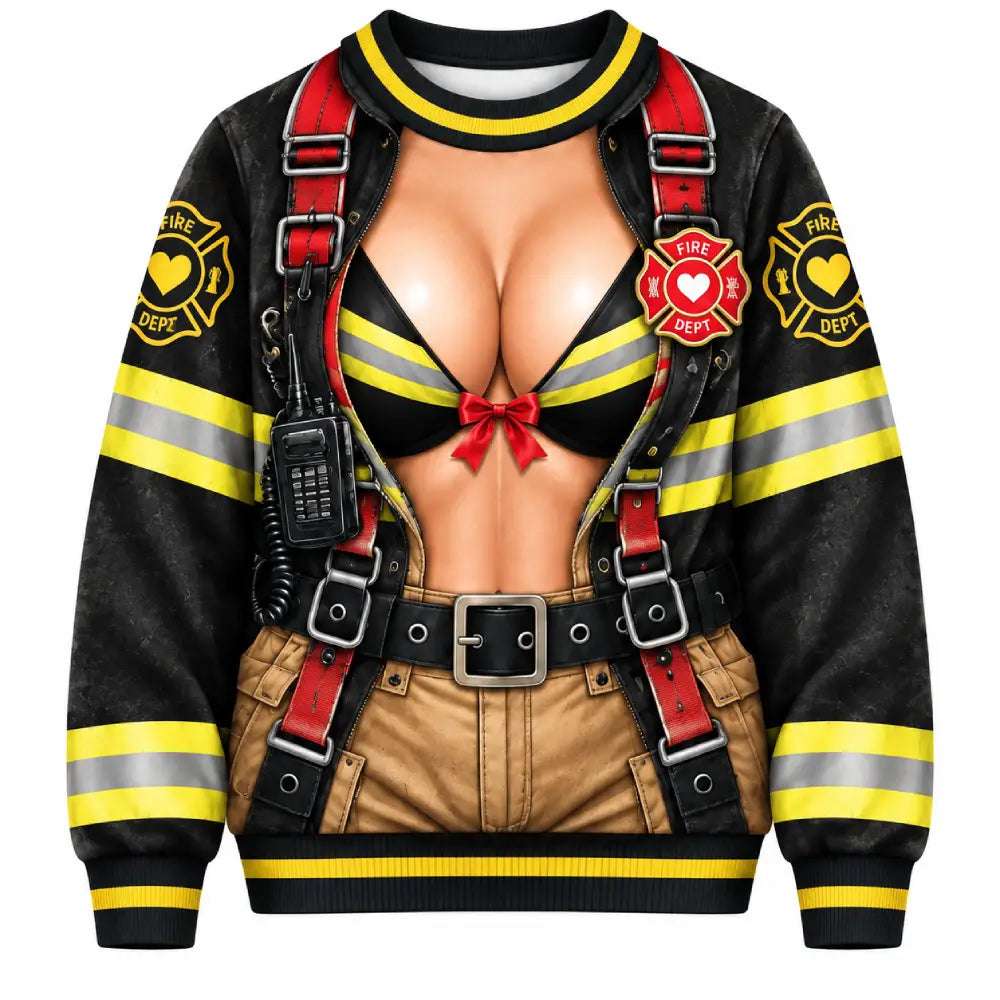 Naughty Firefighter Christmas Sweater – Funny 3D Illusion Print