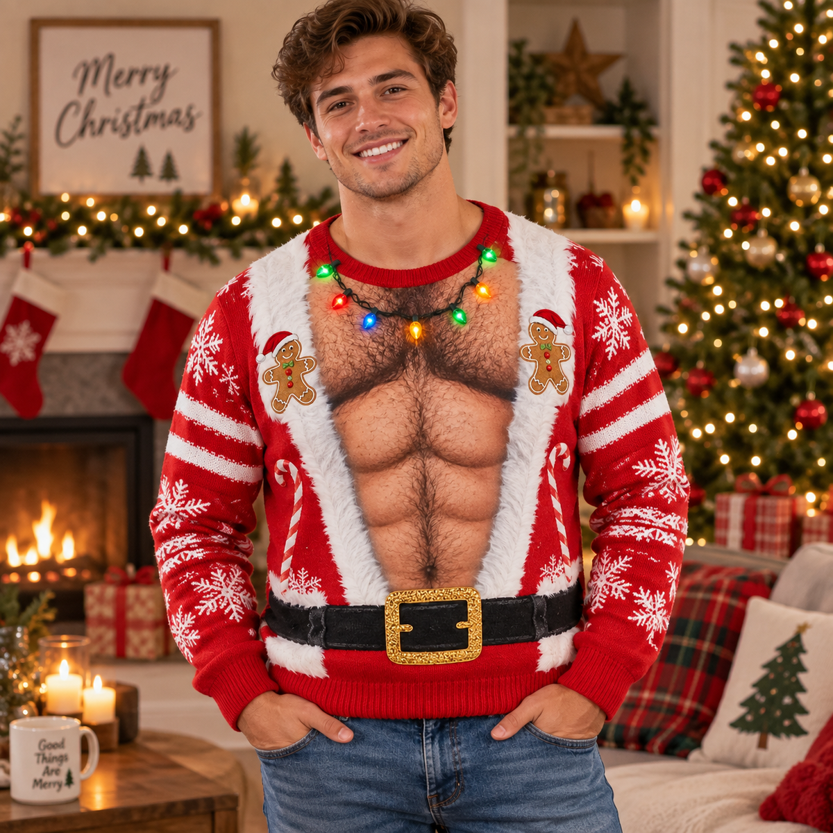 Custom Skin Tone Santa Hairy Chest Ugly Christmas Sweater – Funny Body Illusion Holiday Sweatshirt