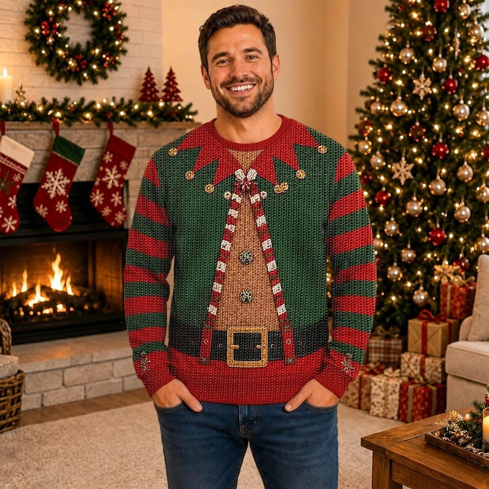 Funny Christmas Elf Sweater, Optical Illusion Ugly Christmas Sweater, Fake Belt & Open Vest Design, Novelty Holiday Party Gift