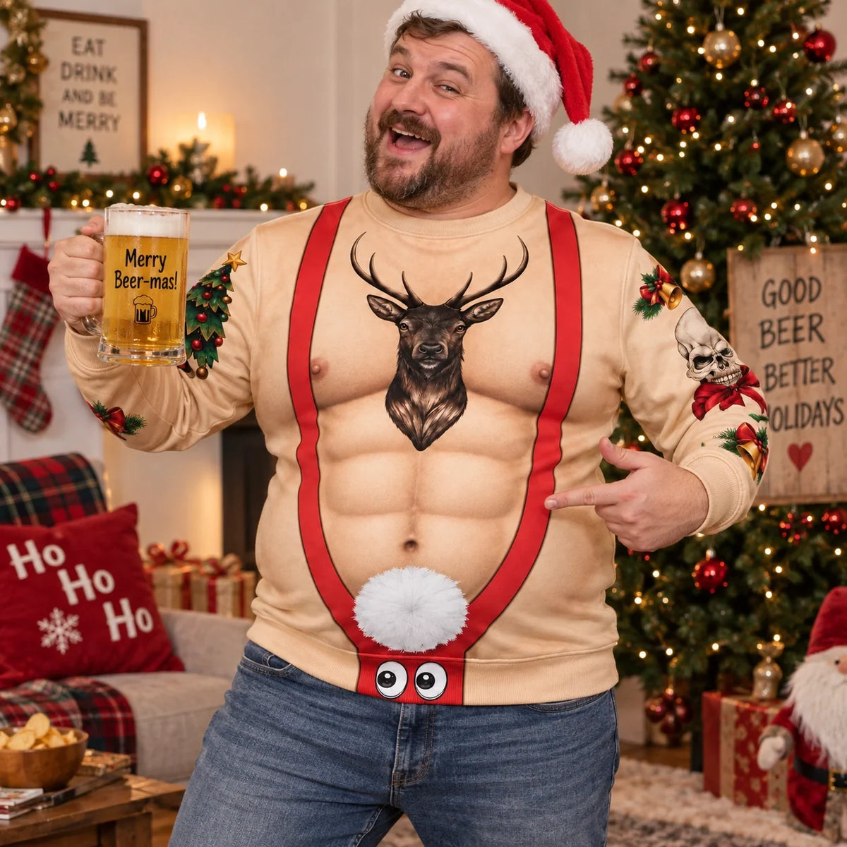 Funny Christmas Reindeer Muscle Sweater – Faux Abs Ugly Christmas Sweatshirt
