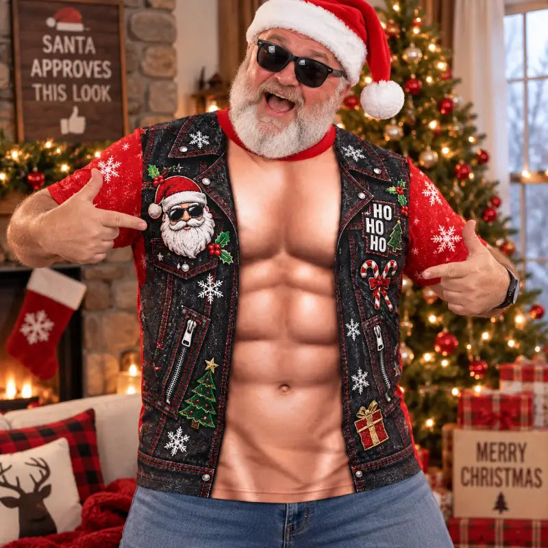 Funny Biker Santa Muscle Illusion Christmas Shirt – Ripped Back Holiday Tee
