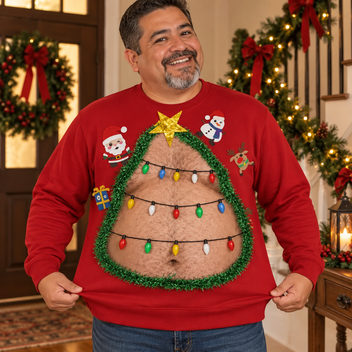 Custom Skin Tone Christmas Belly Crewneck – Funny Dad Bod Ugly Christmas Sweatshirt