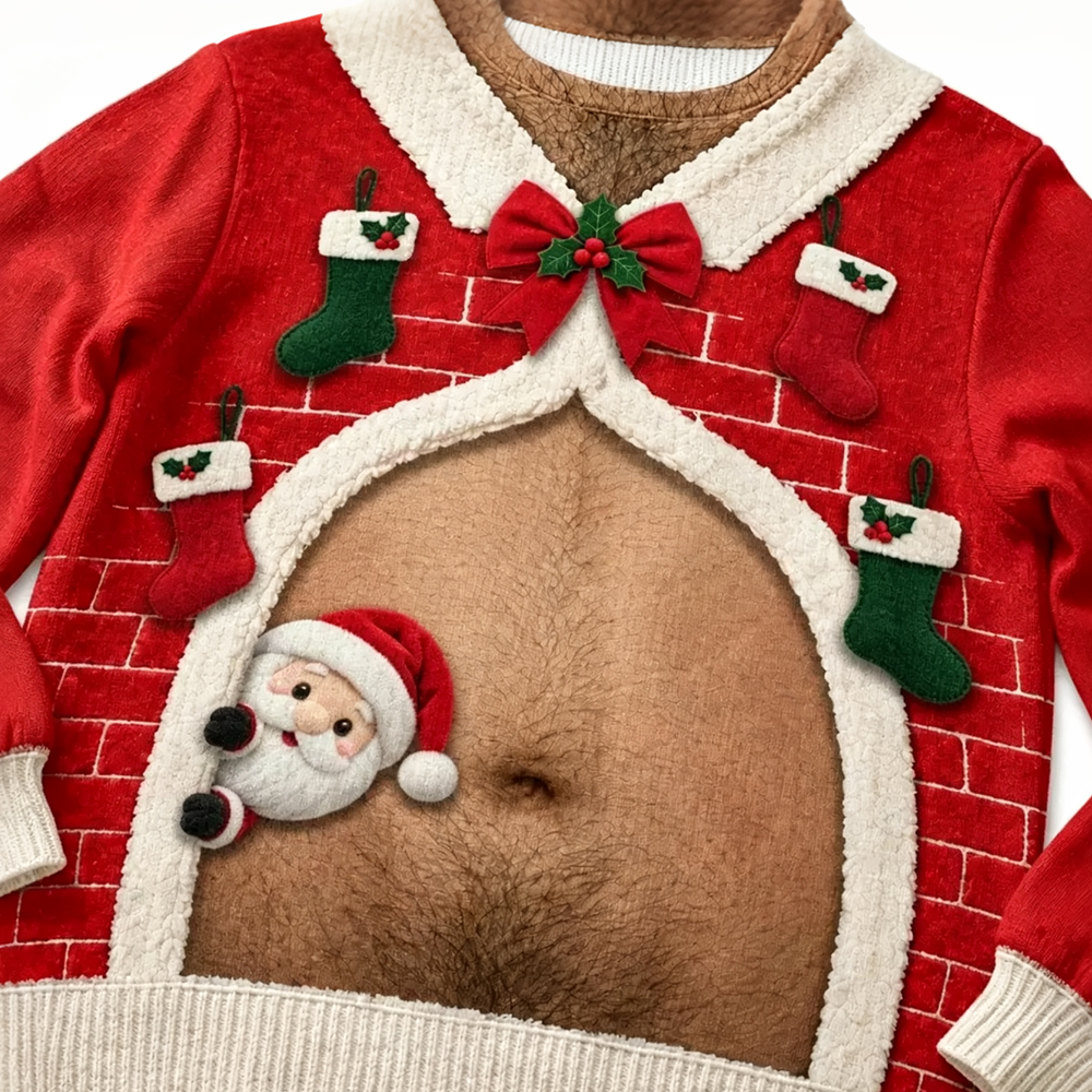 Funny Santa Hairy Chest & Belly Ugly Christmas Sweater – Body Illusion Holiday Sweatshirt