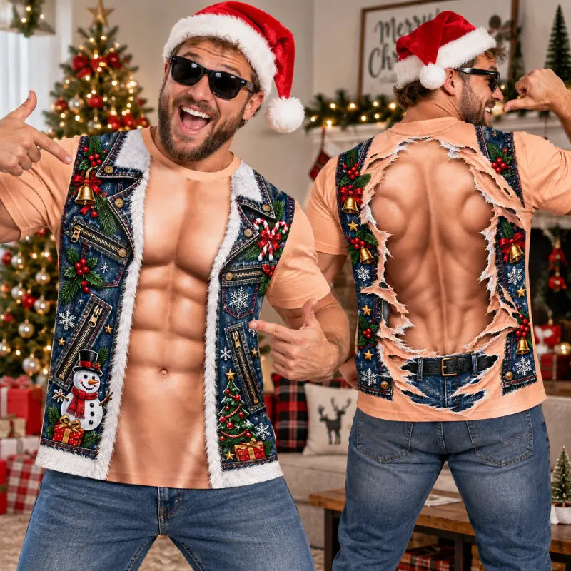 Funny Christmas Muscle Illusion T-Shirt – Faux Vest & Ripped Back Print