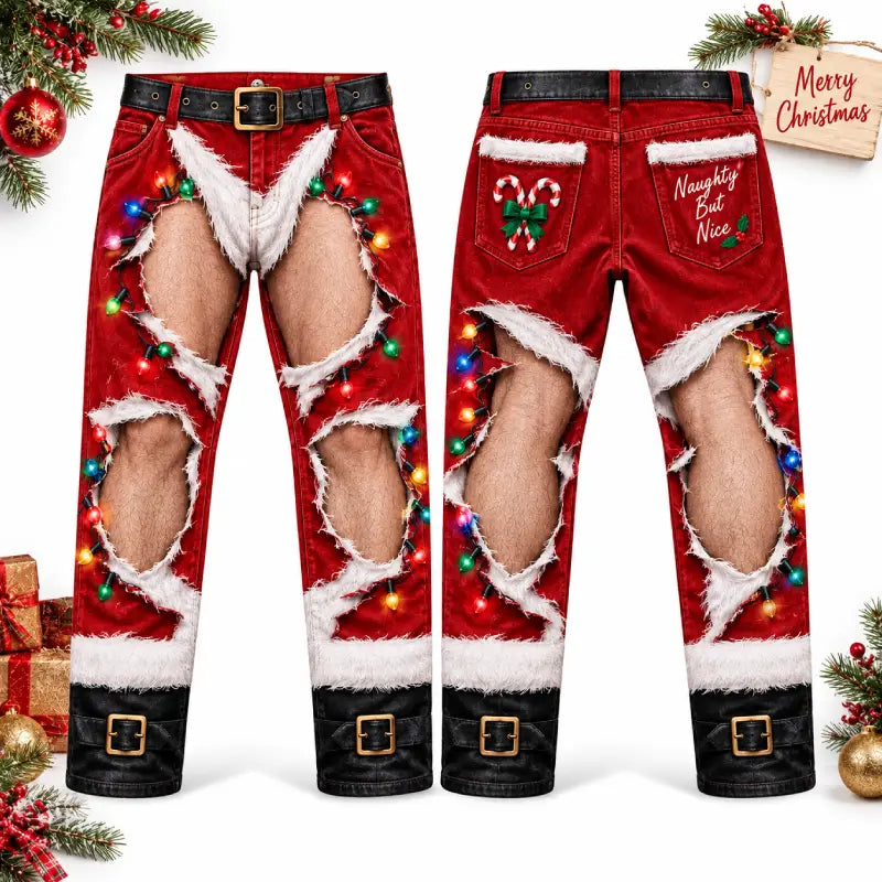 Funny Santa Ripped Illusion Christmas Pajama Pants – Naughty But Nice Holiday Lounge Pants