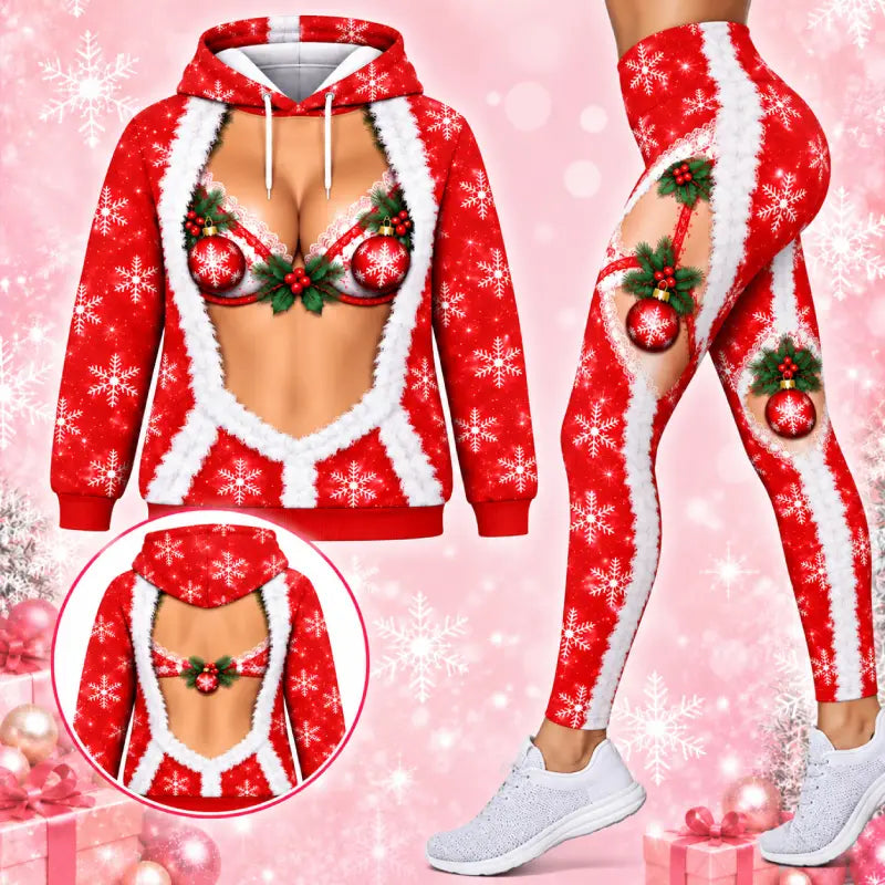 Christmas Santa Digital Print Hoodie & Leggings Set – Festive Holiday Party Outfit