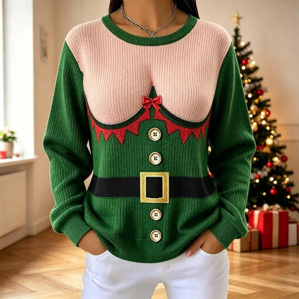 Funny Christmas Sweater for Women, Optical Illusion Elf Sweater, Fake Cleavage & Belt Design, Novelty Ugly Christmas Sweater