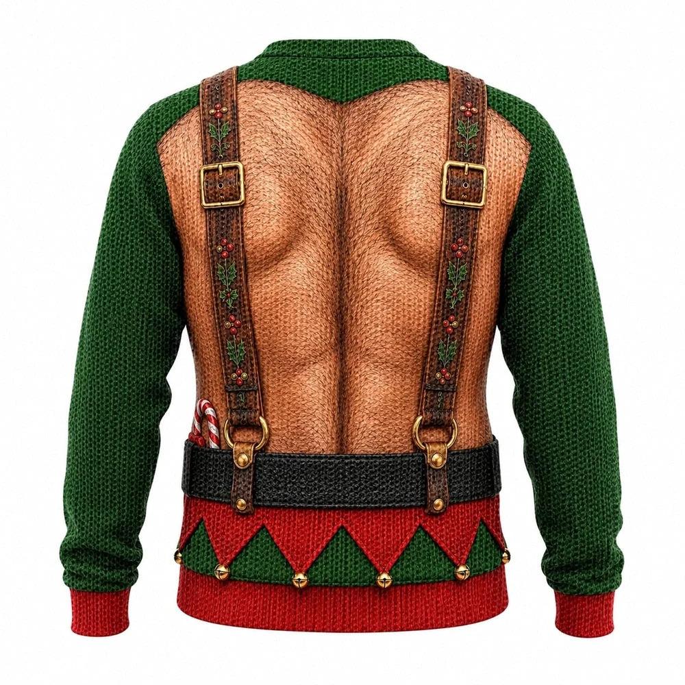 Funny Christmas Elf Sweater for Men, Optical Illusion Ugly Christmas Sweater, Fake Abs & Belt Design, Novelty Holiday Party Gift