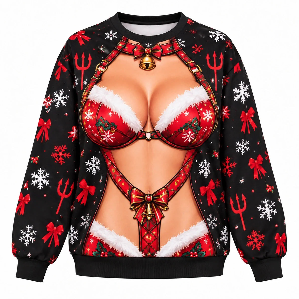 Funny Santa Faux Skin Christmas Sweatshirt – Playful Sexy Holiday Ugly Sweater for Women