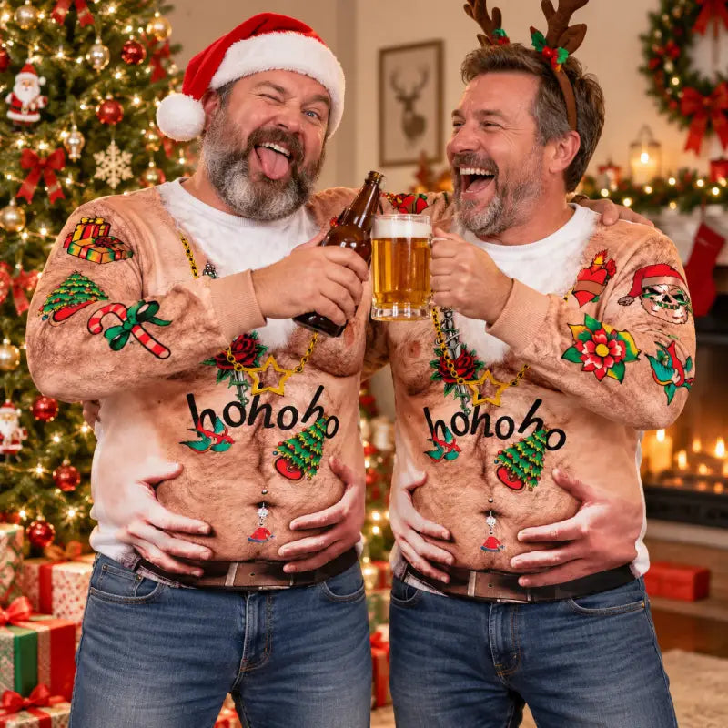 Custom Ho Ho Ho Tattoo Belly 3D Christmas Sweatshirt – Funny Ugly Christmas Sweatshirt