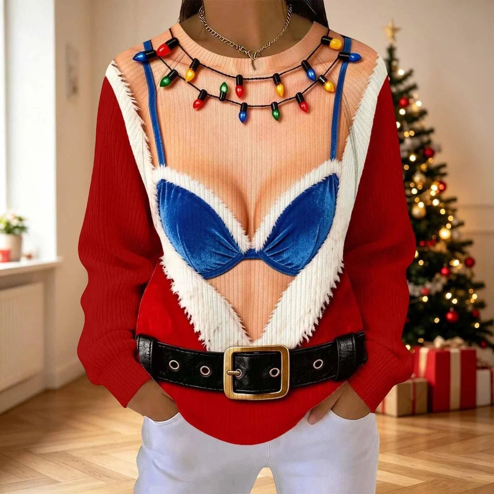 Funny Christmas Illusion Sweater for Women – Blue Lingerie & Santa Belt Print