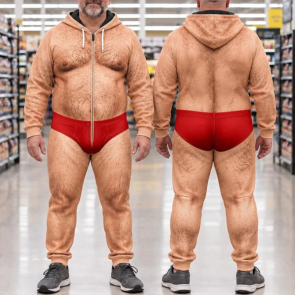 Funny Hairy Abs Body Illusion - Personalized Overall Onesie Hooded Jumpsuit
