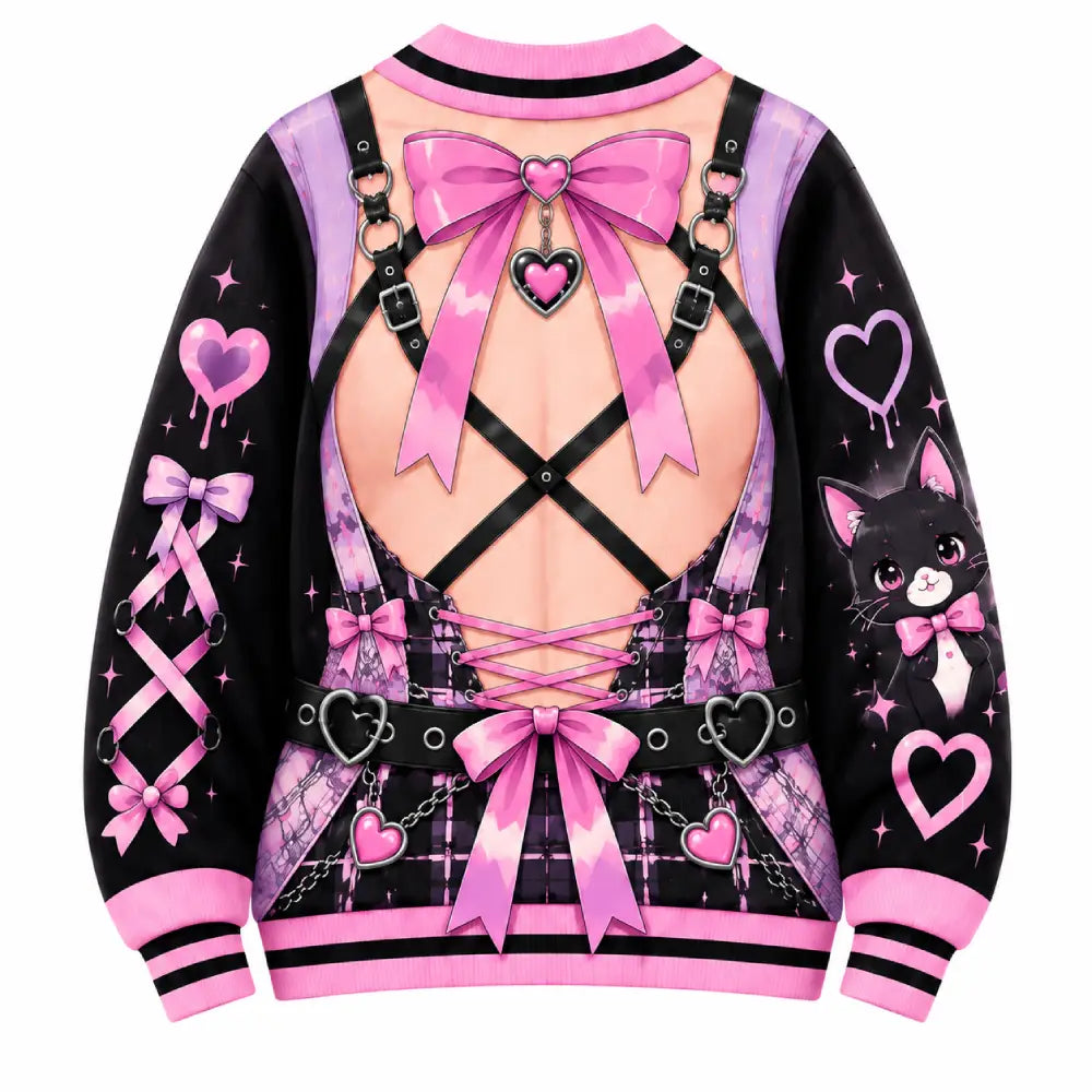 Kawaii Gothic Christmas Illusion Sweatshirt, Funny Anime Pink & Purple Printed Christmas Crewneck