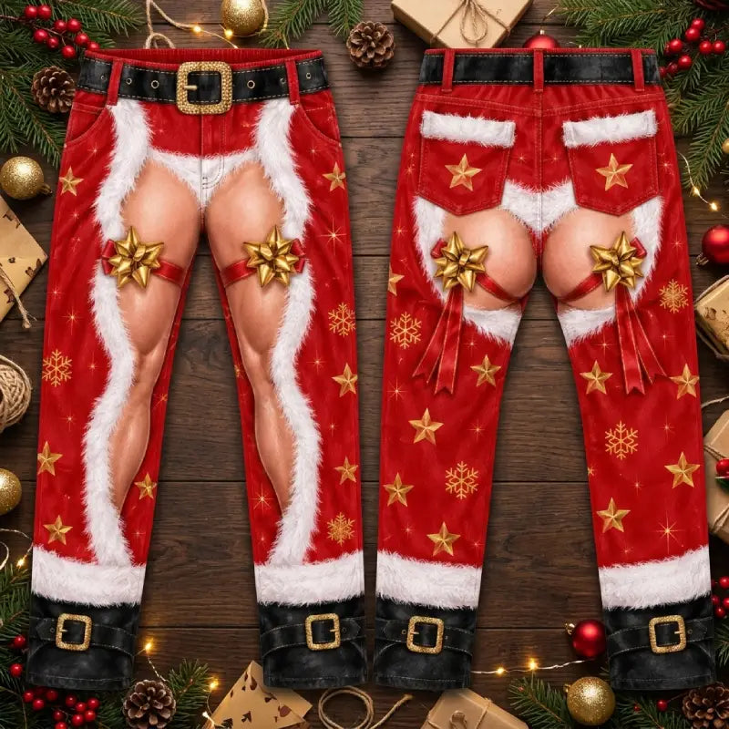 Funny Santa Ripped Illusion Christmas Pajama Pants – Faux Belt Holiday Lounge Pants