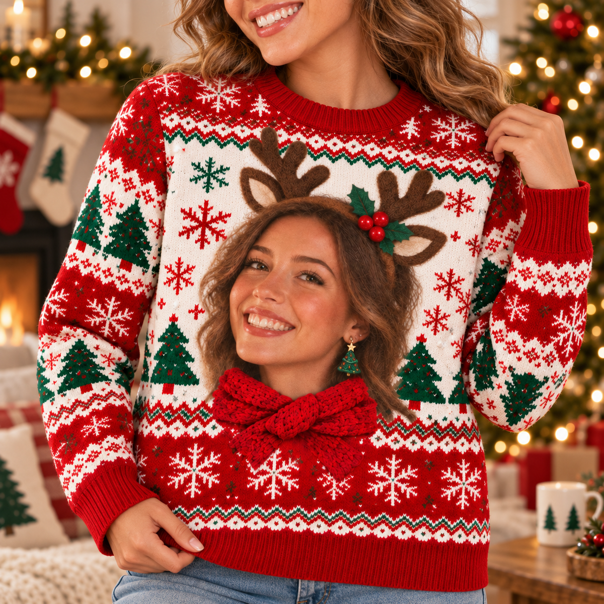 Custom Photo Ugly Christmas Sweater – Personalized Face Reindeer Print Sweatshirt
