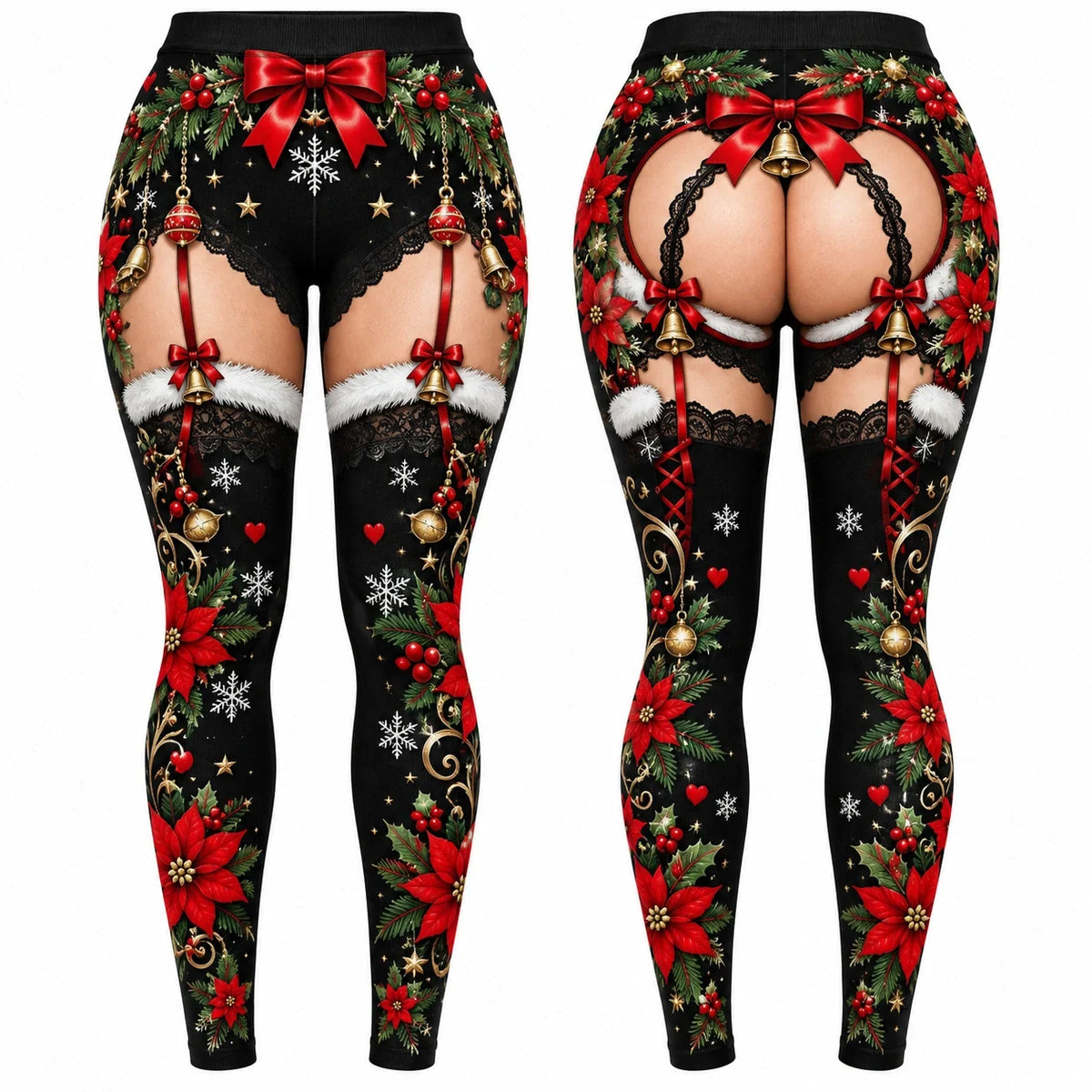 Women's Sexy Christmas Faux Skin Print Leggings – Festive Lace Stocking Illusion Pants
