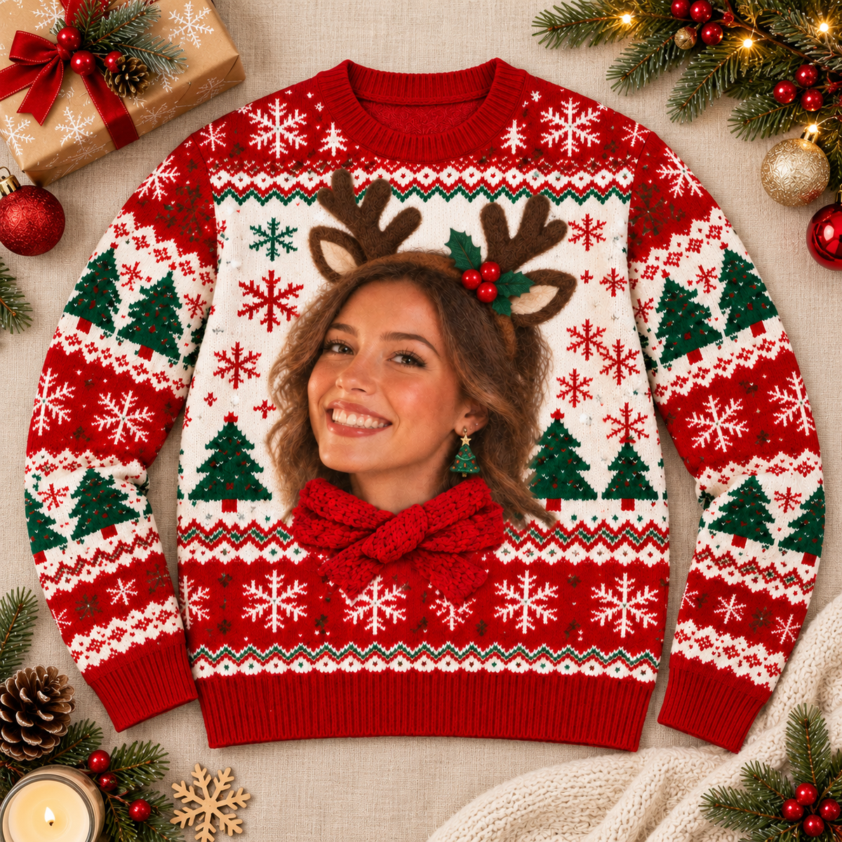 Custom Photo Ugly Christmas Sweater – Personalized Face Reindeer Print Sweatshirt