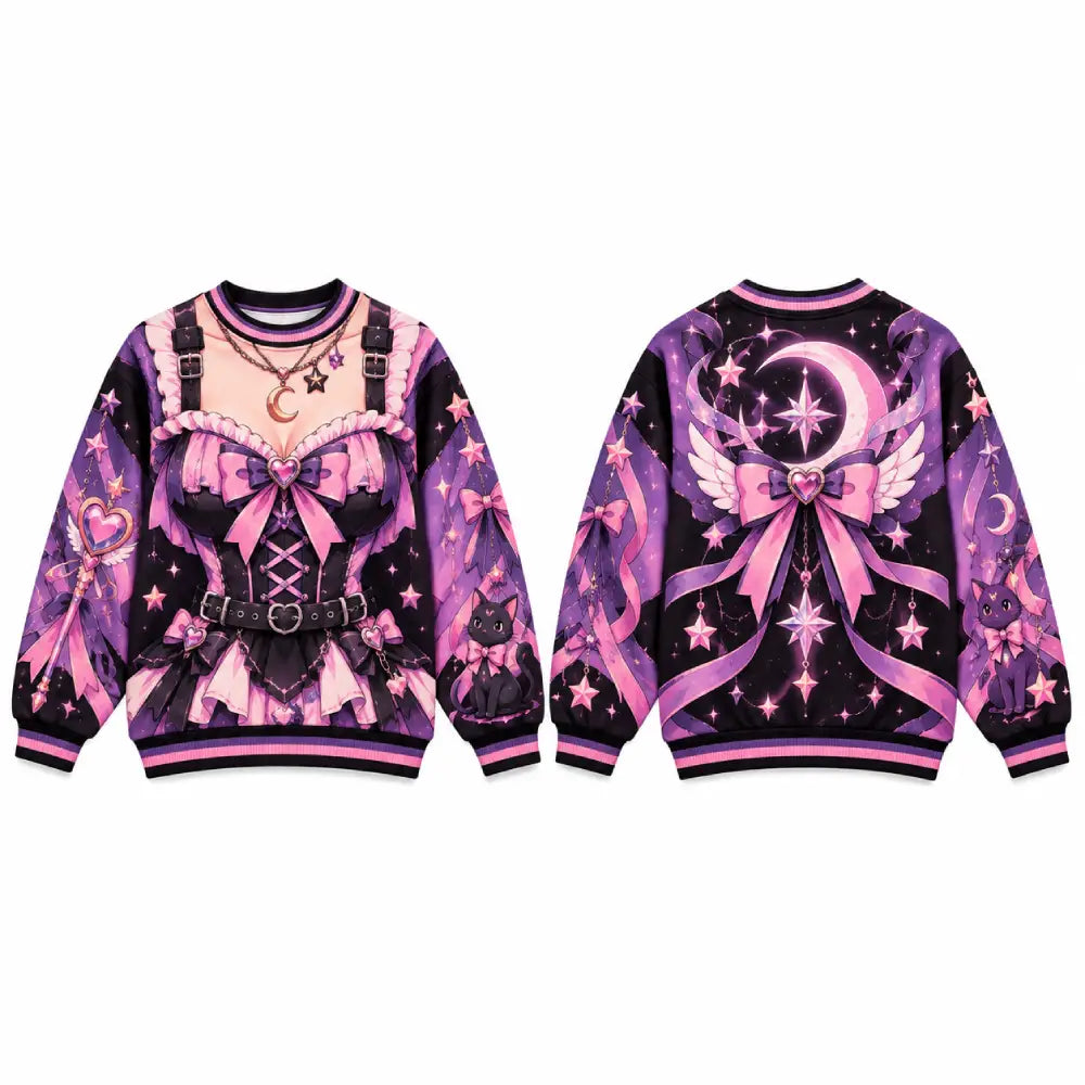 Kawaii Magical Gothic Christmas Sweatshirt, Funny Anime Illusion Printed Crewneck | Purple & Black