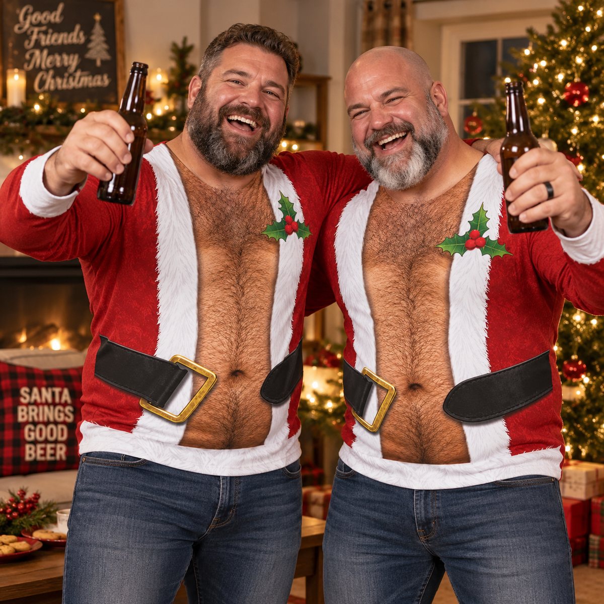 Custom Skin Tone Santa Hairy Chest Ugly Christmas Sweater – Funny Open Suit Body Illusion Sweatshirt
