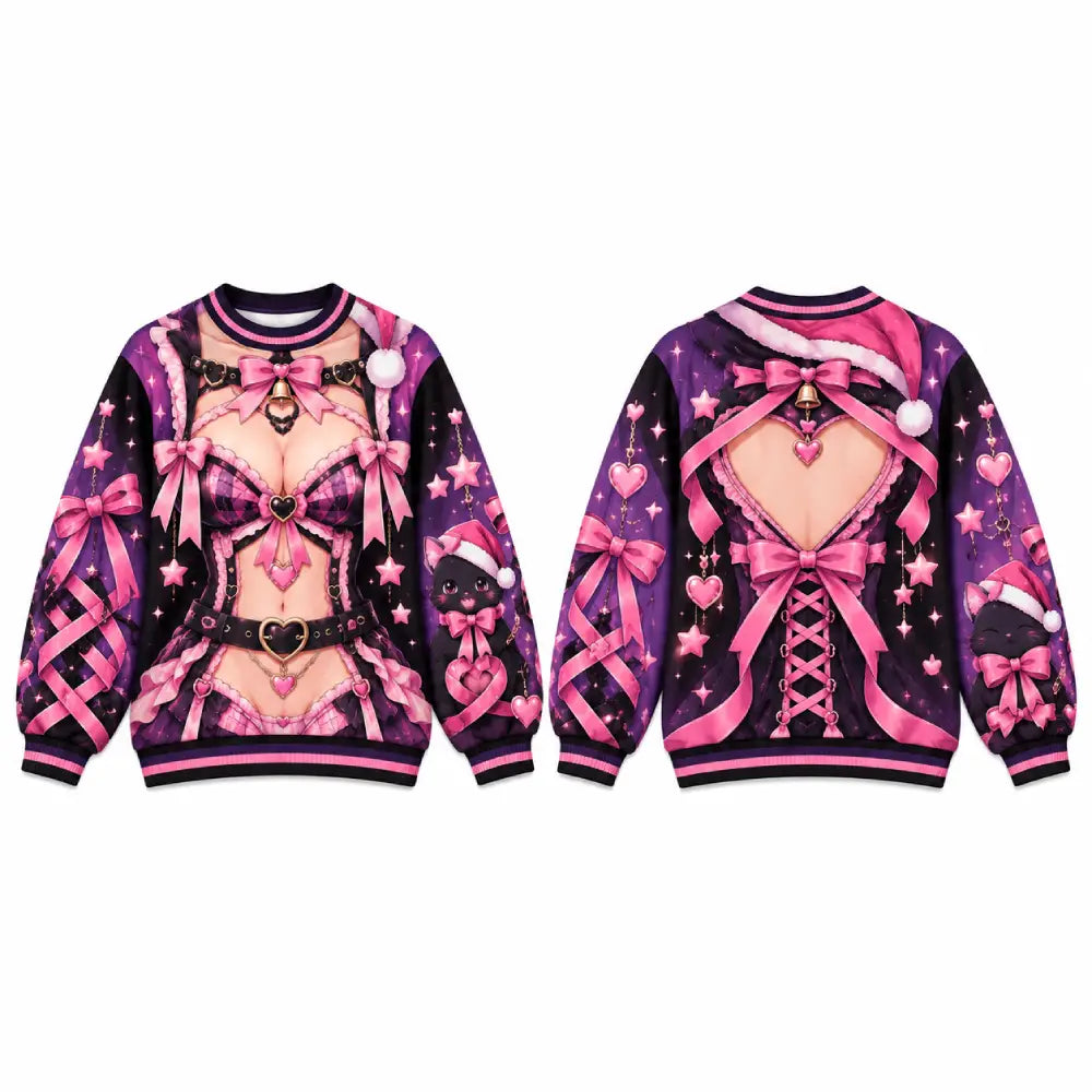 Cute Christmas Chaos Anime Illusion Sweatshirt, Funny Gothic Pink & Purple Christmas Crewneck