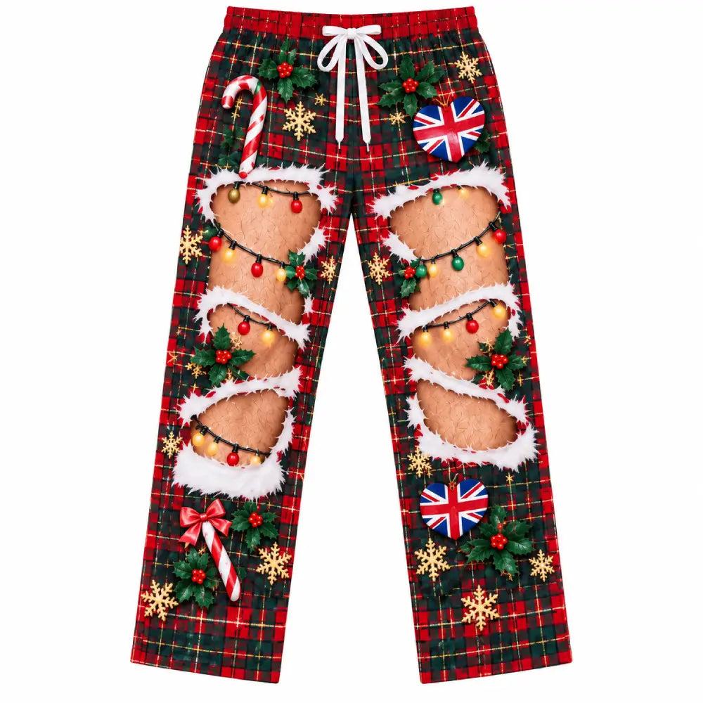 Funny British Christmas Pajama Pants – 3D Skin Illusion Print, Personalized Skin Tone