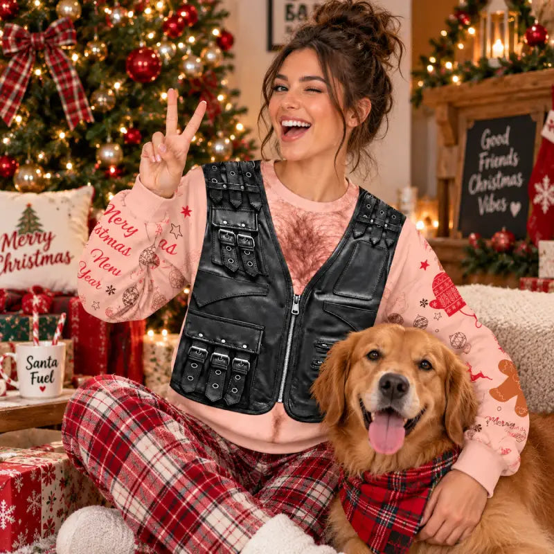 Funny Christmas Leather Vest Sweatshirt | Holiday Gift