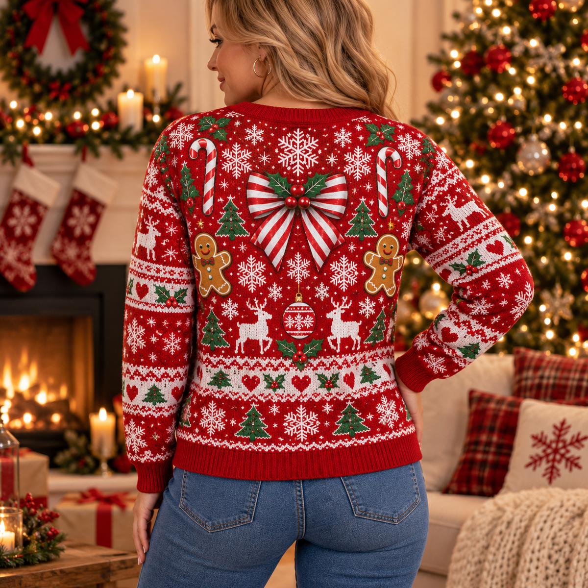 Custom Skin Tone Sexy Santa Christmas Crewneck – Funny Printed Body Illusion Holiday Sweatshirt