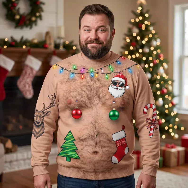 Custom Skin Tone Reindeer Hairy Chest Ugly Christmas Sweater – Funny Body Illusion Holiday Sweatshirt