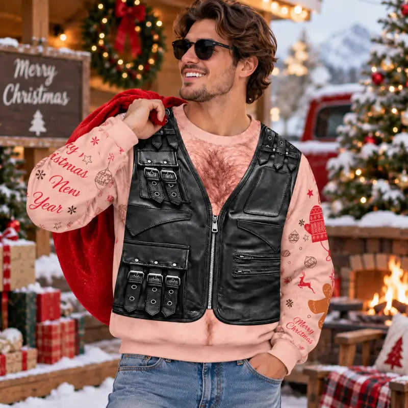 Funny Christmas Leather Vest Sweatshirt | Holiday Gift